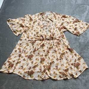 Lilly Lou Midi Dress Women's Medium Beige Butterfly Surplice Neck Tie Knot Front